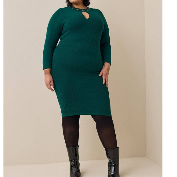 NEW TORRID Sweater Dress $89.50 Plus Size 2X‎ Green At The Knee Keyhole Gromets - Picture 2 of 7